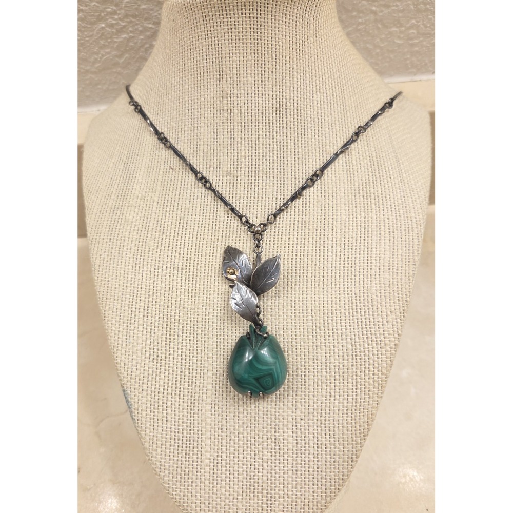 Rare Artist Jacqueline Thorne Sterling, 14k Gold, Malachite Lariat Pear Necklace
